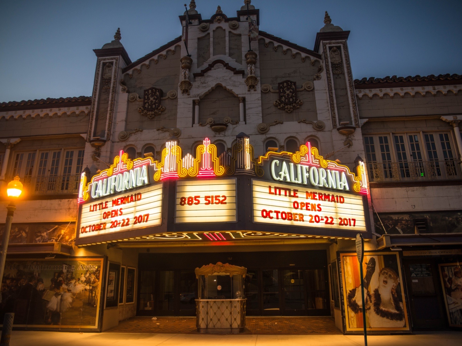 California Theatre of the Performing Arts at night in downtown San Bernardino