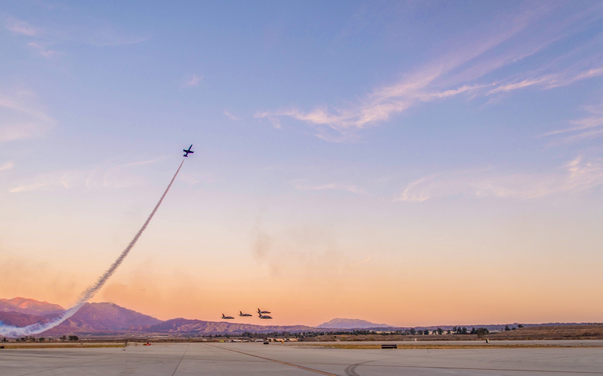 Patriot Jet Team performing the Missing Man Formation above San Bernardino International Airport during SBD Fest